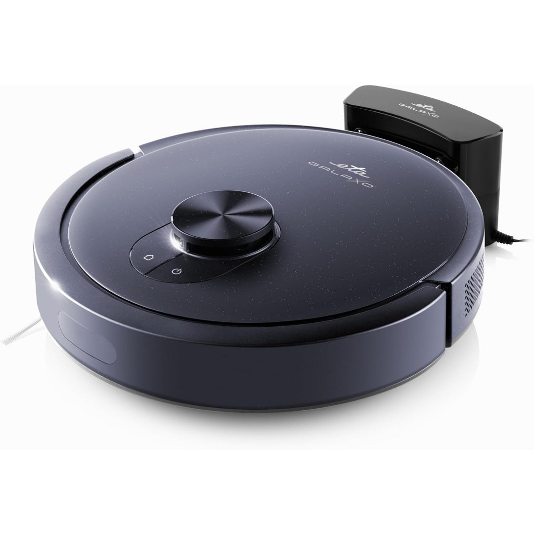 Robot aspirateur, coloris noir et bleu, avec autonomie annoncee de 150 min