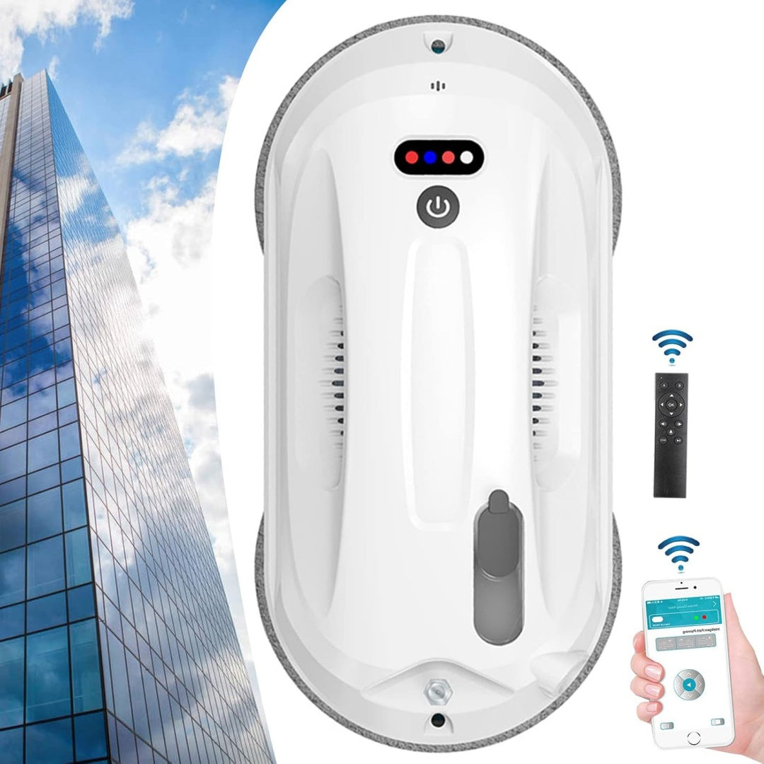 Robot nettoyeur de fenetres associant le deplacement sur la vitre au coloris blanc et bleu