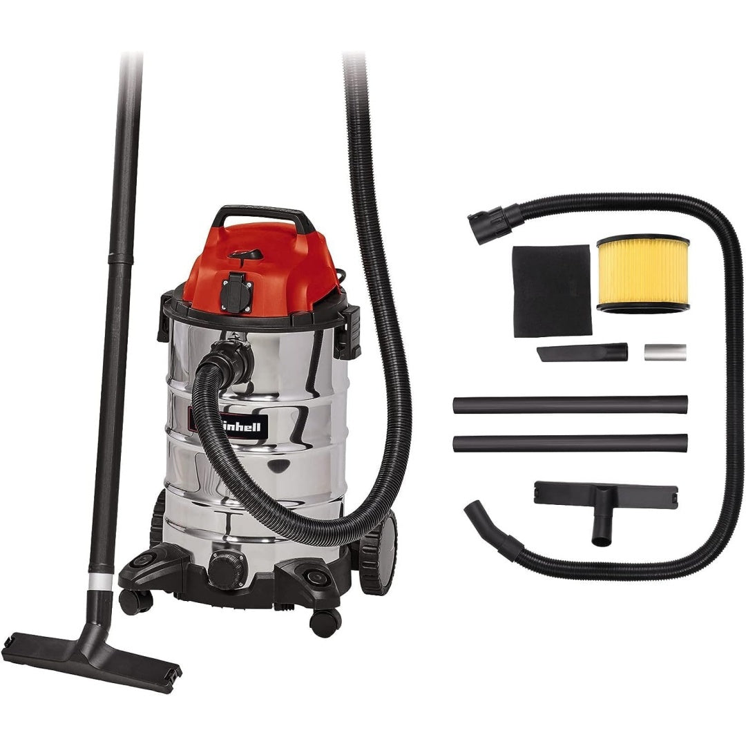 Aspirateur eau et poussiere, coloris gris et noir, avec une contenance annoncee de 30 l
